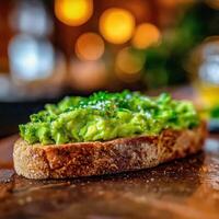 Avocado toast on wooden board during daytime in a cafe photo