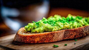 Avocado toast on wooden board for nutritious healthy breakfast photo