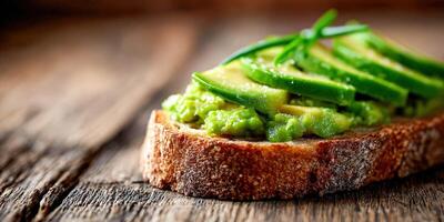 Avocado toast topped with avocado slices on wooden board photo