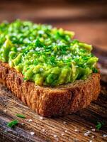 Avocado toast on wooden cutting board for tasty snack photo