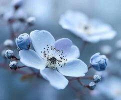 Pale blue flower blooms alongside buds in springtime garden photo