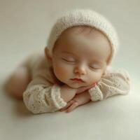 Sleeping baby in soft knit hat captured in serene moment of tranquility indoors photo