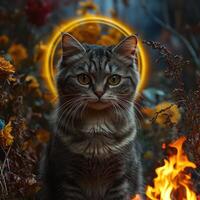 Majestic cat surrounded by vibrant flowers and mystical flames at twilight photo