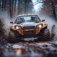 Adventure in the muddy forest with an off road vehicle splashing through puddles photo