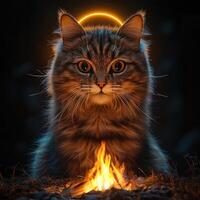 Majestic feline gazes into the warm glow of a campfire under a mystical halo photo