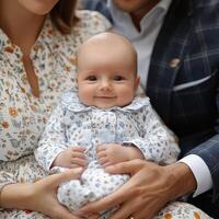 Cherished moments of a joyful infant held by loving parents in a cozy setting photo