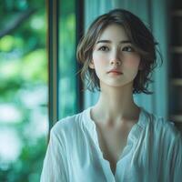Serene contemplation beside a sunlit window in a tranquil indoor space photo