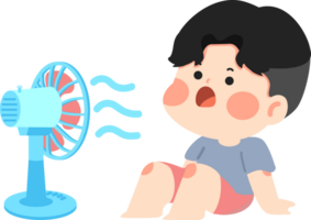 A boy sitting next to a fan with his mouth open png