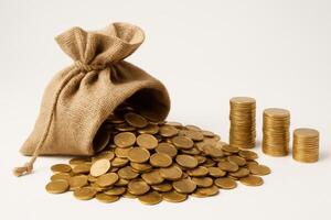 Burlap money bag spilling gold coins onto a white surface with decreasing stacks of coins photo