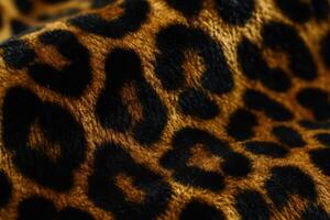Luxurious leopard print fabric texture with black and golden brown spots, close up detail. photo