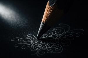 Sharp graphite pencil drawing intricate swirling design on dark paper with dramatic lighting photo