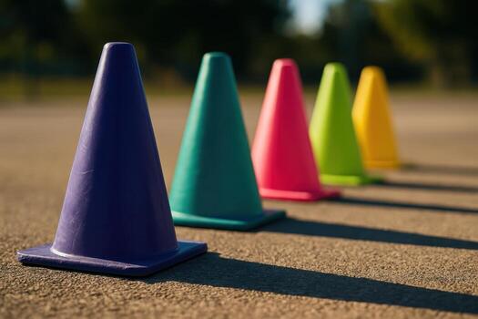 Colorful plastic training cones in a line on a sunny concrete surface photo