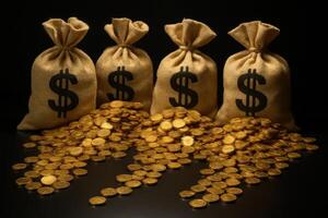 Four burlap money bags with dollar signs overflowing with shiny gold coins on a black surface photo