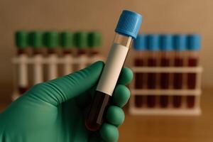 Hand in green medical glove holding blood sample tube for laboratory analysis photo