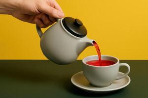 Hand pouring vibrant red tea from grey ceramic teapot into matching teacup photo