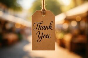 Rustic kraft paper tag with thank you message in elegant script on blurred background photo