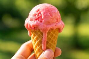 Melting strawberry ice cream scoop in a waffle cone held by a hand on a hot summer day photo