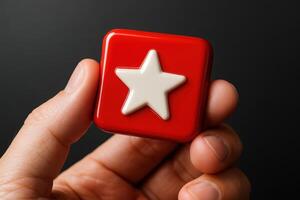 Hand holding a glossy red square icon with a prominent white star symbol on a dark background photo