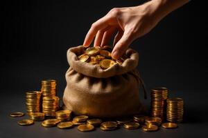 A hand reaching into an overflowing burlap money bag surrounded by shiny gold coins photo