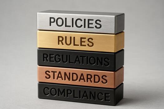 Policies, rules, regulations, standards, and compliance on stacked metal blocks photo