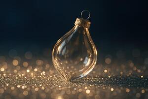 Elegant clear glass holiday ornament on sparkling golden glitter with festive bokeh photo
