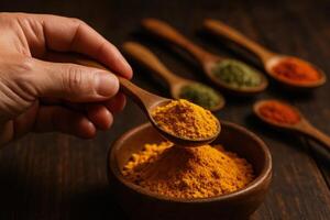 A hand holding a wooden spoon filled with vibrant yellow turmeric powder over a rustic bowl. photo
