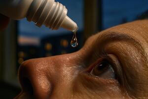 Close up of a single golden drop of eye drops falling from a white bottle into a woman eye photo