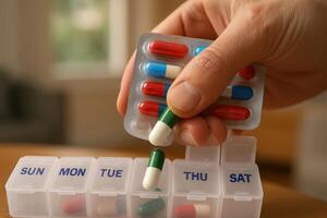 Hand placing colorful capsules from a blister pack into a weekly pill organizer for medication management photo