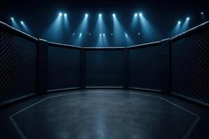 Empty mixed martial arts MMA cage in a dark arena with bright spotlights photo