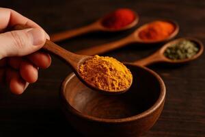 Hand holding wooden spoon with vibrant yellow turmeric powder over a rustic wooden bowl, with other colorful spices in background photo