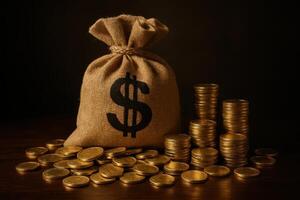 Large burlap money bag with dollar sign surrounded by shiny gold coins and stacks photo