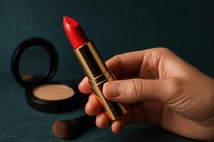 Close up of a hand holding vibrant red lipstick in a gold case, beauty and cosmetic products photo