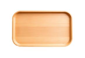 A smooth wooden serving tray with rounded corners and a natural grain pattern isolated on transparent background png