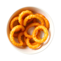 Crispy golden onion rings piled high in a white bowl png