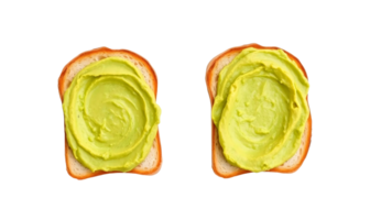 Two slices of toast with creamy avocado spread isolated on transparent background png