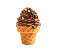 Delicious chocolate soft serve ice cream cone with chocolate syrup and nuts on transparent background png