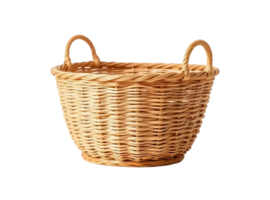 A classic woven wicker basket with two handles isolated on transparent background png