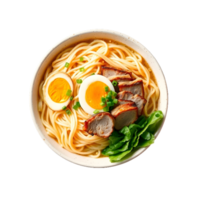 Delicious bowl of ramen noodles with sliced pork and soft boiled egg isolated on transparent background png