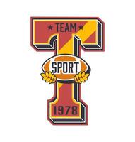 Varsity sport patch label with letter T badge vector