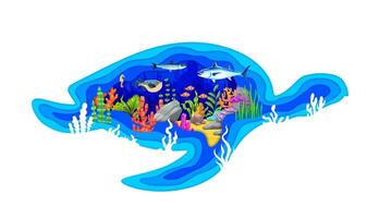 Paper cut color turtle silhouette, underwater landscape vector