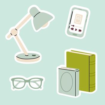Set of reading-related objects lamp, books, glasses, e-reader. illustration for library, education, or bookworm projects. vector