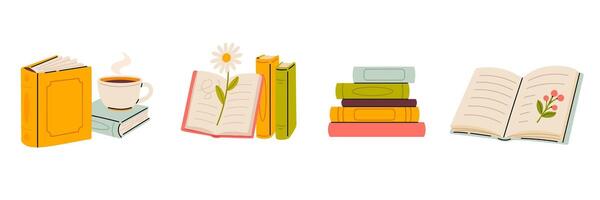 Soft-toned book arrangement with coffee, flowers, and opened journals vector