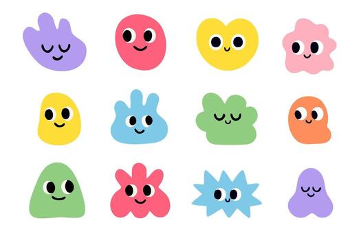 Bright abstract shapes with smiling faces in playful colors, ideal for kids design, fun projects, and creative illustrations vector