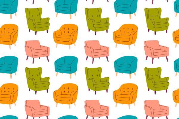 Seamless repeating pattern with green, orange, pink, and teal upholstered chairs