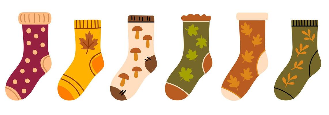 Collection of colorful fall socks featuring autumn leaves, mushrooms, acorns and polka dot patterns