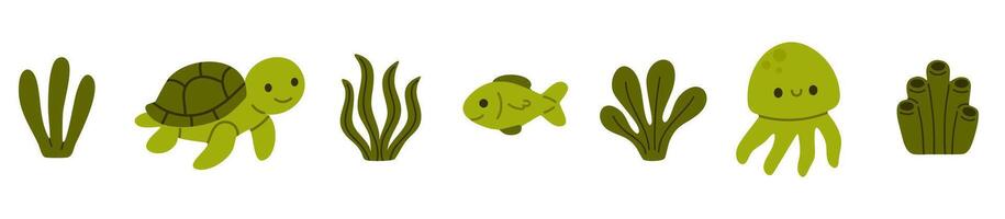 Nature-focused horizontal marine set with seaweed, turtle, fish, and jellyfish in earthy green tones for childrens content vector