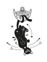 Black magic cat floating upside down with moon vector