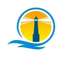 Lighthouse and beacon icon, round emblem vector