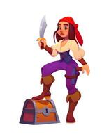 Cartoon pirate with sword and treasure chest vector