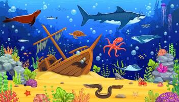 Underwater scene with marine animals and shipwreck vector